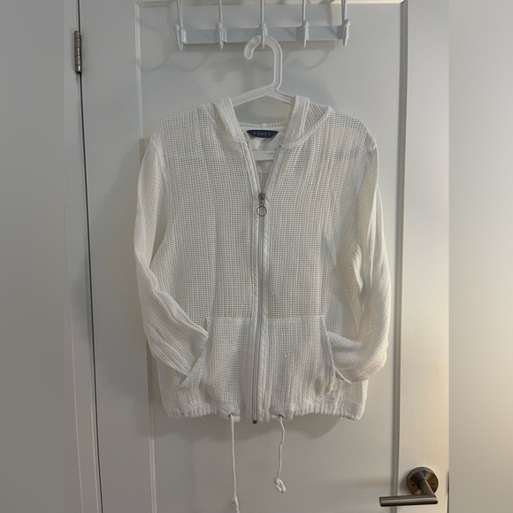 White Cotton Mesh Zip Up Hoodie - Picture 1 of 5